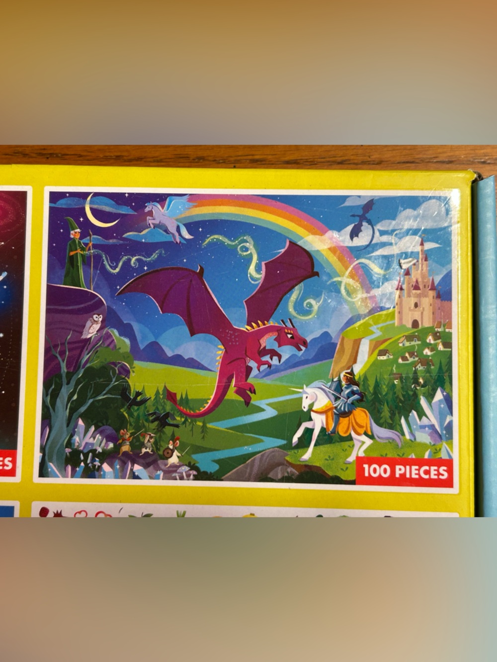 4-Pack Kids Puzzle Set - Blue/Yellow Box with Space, Dragon, Map & Fruit Designs - Picture 3 of 6